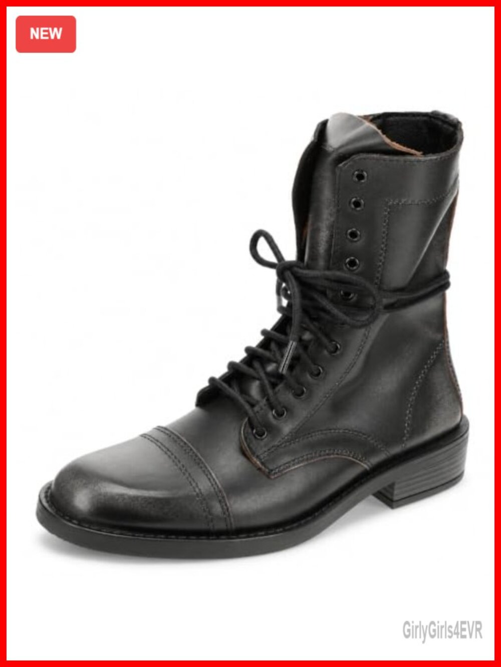 Faux Leather Combat Boot Calf High Block Heel Closed Toe